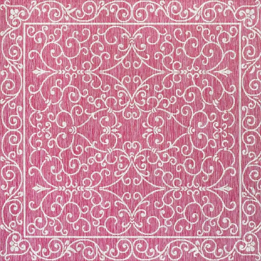 5' Fuchsia And Light Gray Square Medallion Indoor Outdoor Area Rug Photo 3