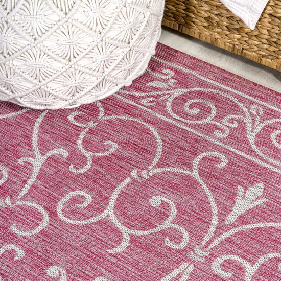5' Fuchsia And Light Gray Square Medallion Indoor Outdoor Area Rug Photo 8