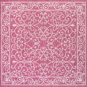 Photo of 5' Fuchsia And Light Gray Square Medallion Indoor Outdoor Area Rug