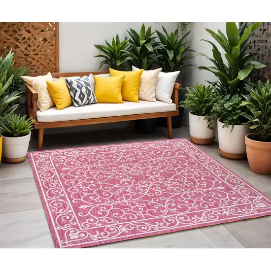 5' Fuchsia And Light Gray Square Medallion Indoor Outdoor Area Rug Photo 1