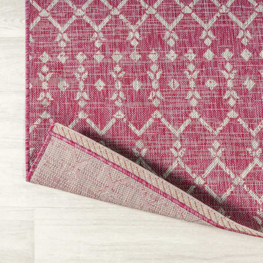 10' Fuchsia And Light Gray Trellis Indoor Outdoor Runner Rug Photo 4