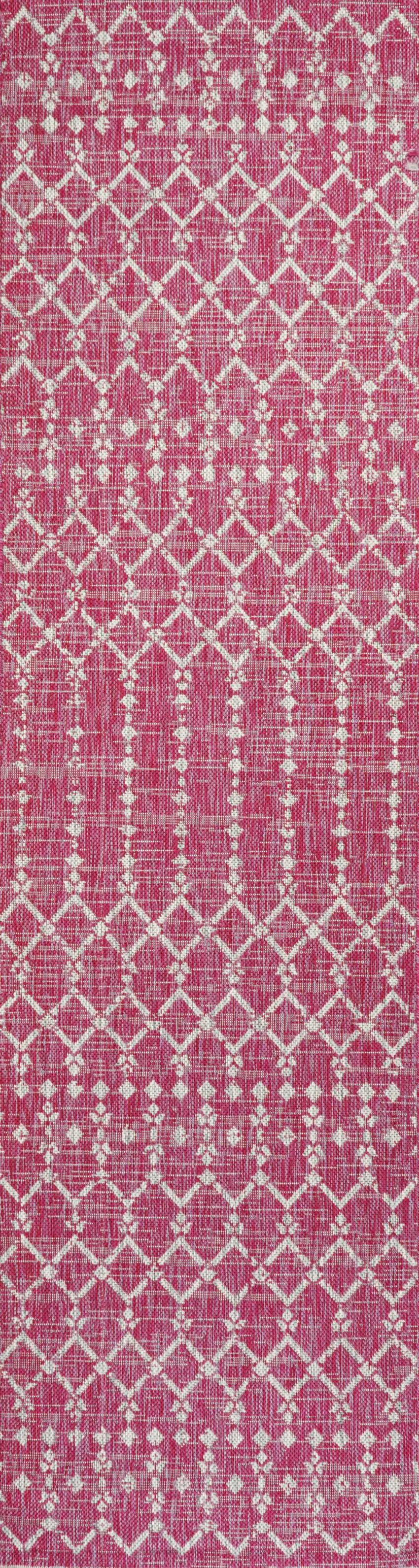 10' Fuchsia And Light Gray Trellis Indoor Outdoor Runner Rug Photo 3