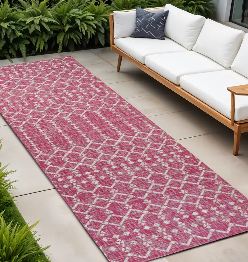 8' Fuchsia And Light Gray Trellis Indoor Outdoor Runner Rug Photo 1