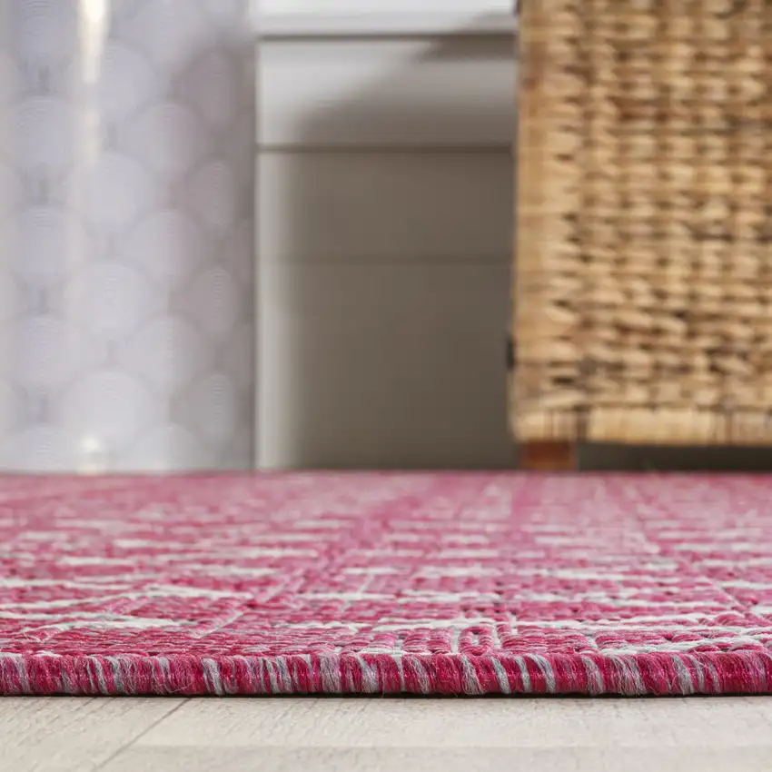 8' Fuchsia And Light Gray Trellis Indoor Outdoor Runner Rug Photo 7