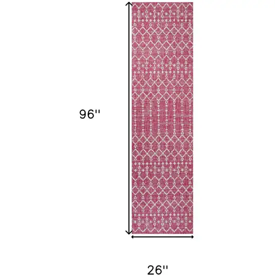 8' Fuchsia And Light Gray Trellis Indoor Outdoor Runner Rug Photo 9