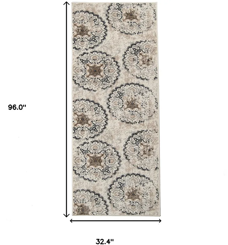 8' Geometric Medallion Stain Resistant Runner Rug Photo 3