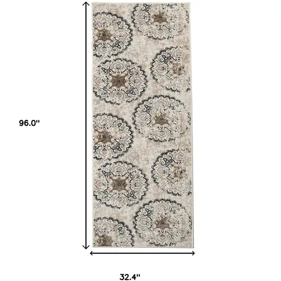 8' Ivory Geometric Medallion Stain Resistant Runner Rug Photo 3