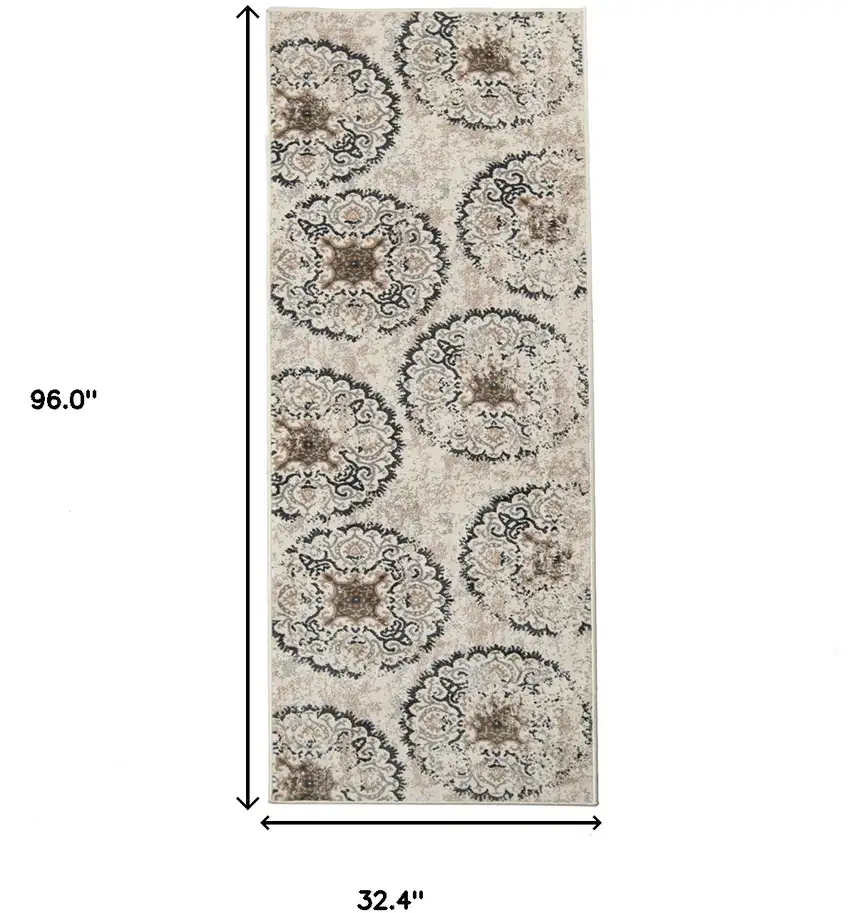 8' Ivory Geometric Medallion Stain Resistant Runner Rug Photo 3