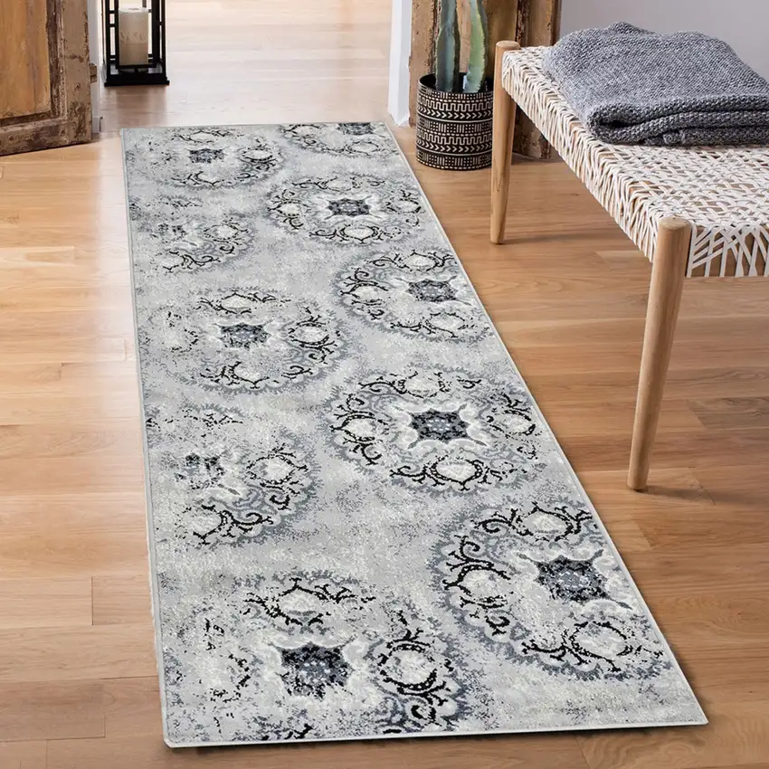 8' Gray And Silver Geometric Runner Rug Photo 9