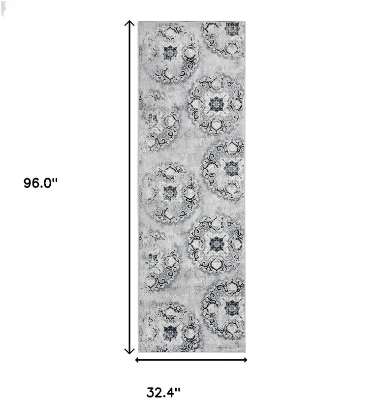 8' Geometric Medallion Stain Resistant Runner Rug Photo 4