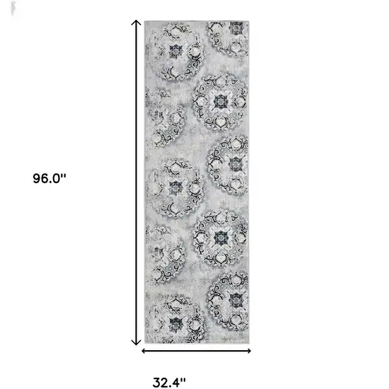 8' Gray And Silver Geometric Runner Rug Photo 3