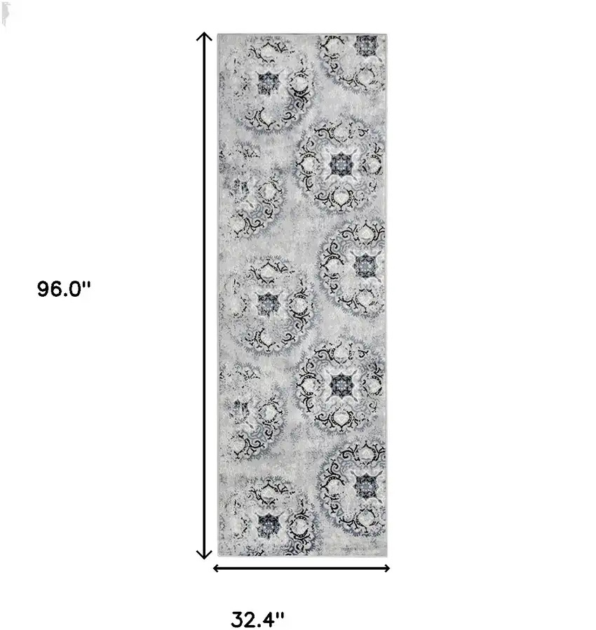 8' Gray And Silver Geometric Runner Rug Photo 3