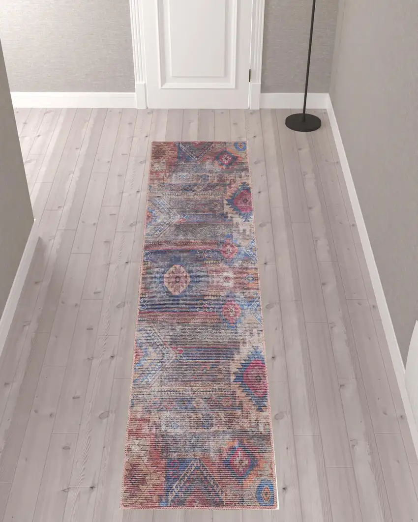 10' Geometric Power Loom Distressed Washable Runner Rug Photo 2