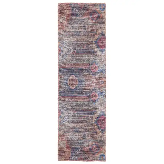 10' Blue and Red Geometric Power Loom Distressed Washable Runner Rug Photo 2