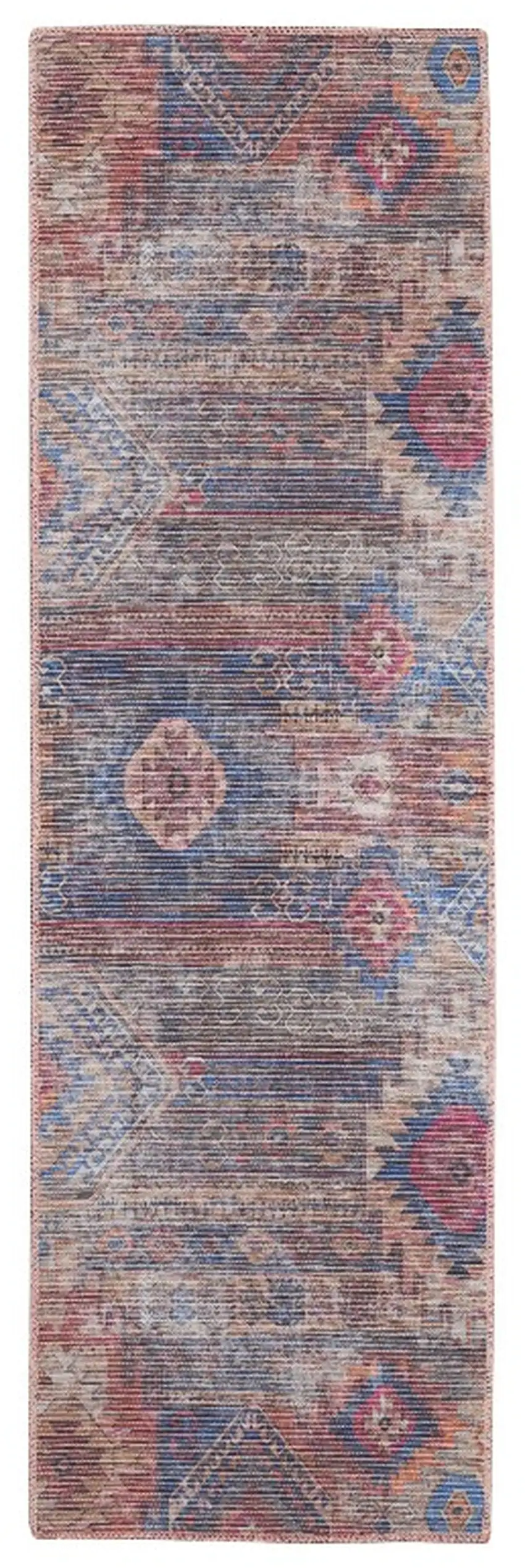 10' Blue and Red Geometric Power Loom Distressed Washable Runner Rug Photo 2