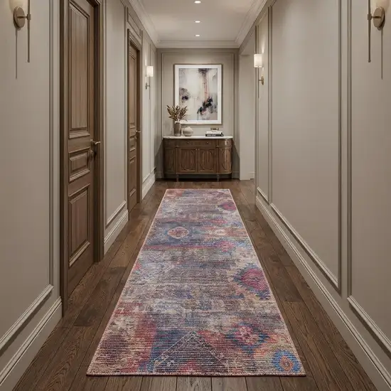 10' Blue and Red Geometric Power Loom Distressed Washable Runner Rug Photo 1