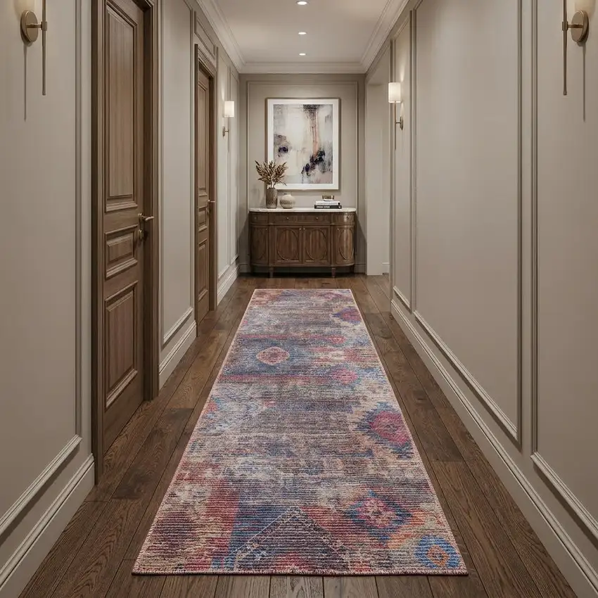 10' Blue and Red Geometric Power Loom Distressed Washable Runner Rug Photo 1