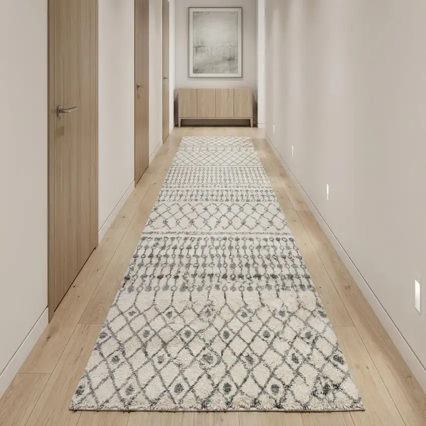 10' Gray And Ivory Geometric Shag Runner Rug Photo 1