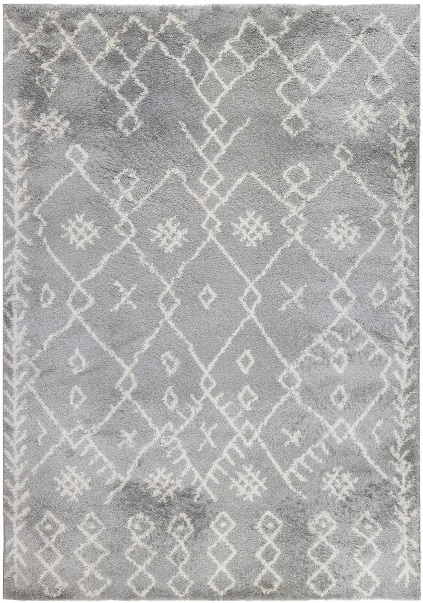 10' Gray and Ivory Geometric Shag Runner Rug Photo 2