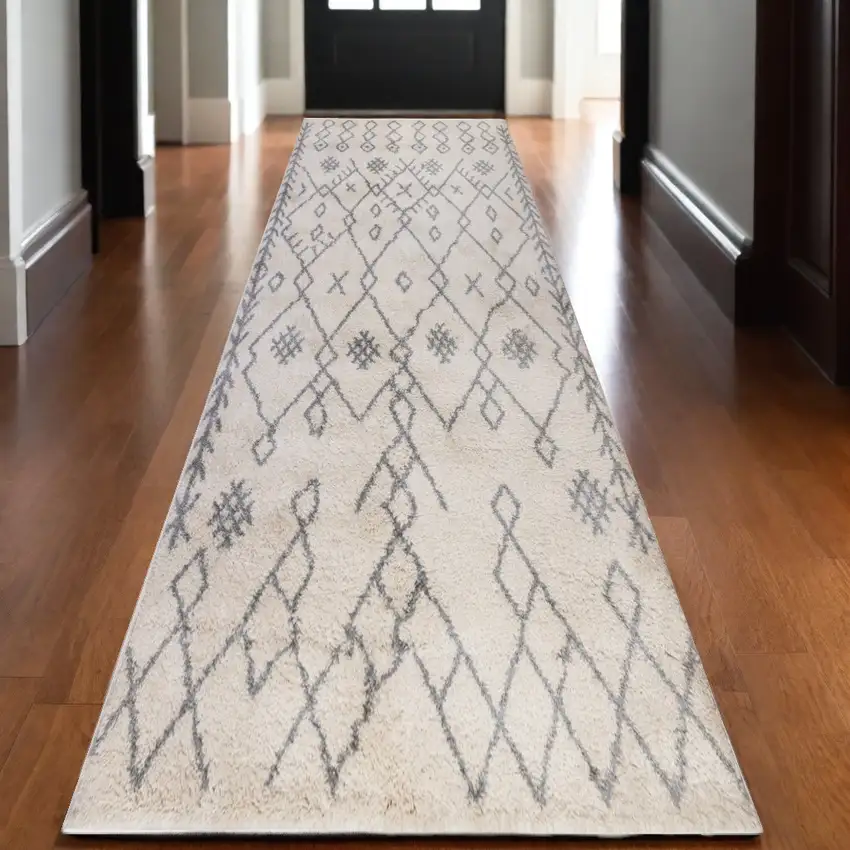 10' Gray And Ivory Geometric Shag Runner Rug Photo 1