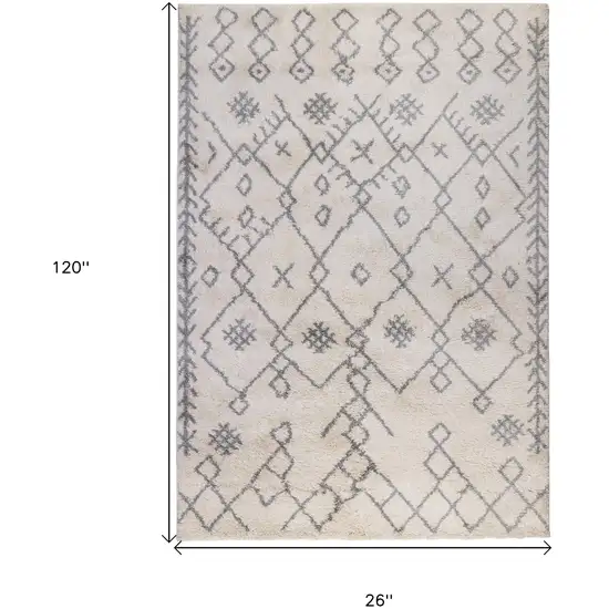 10' Gray And Ivory Geometric Shag Runner Rug Photo 3