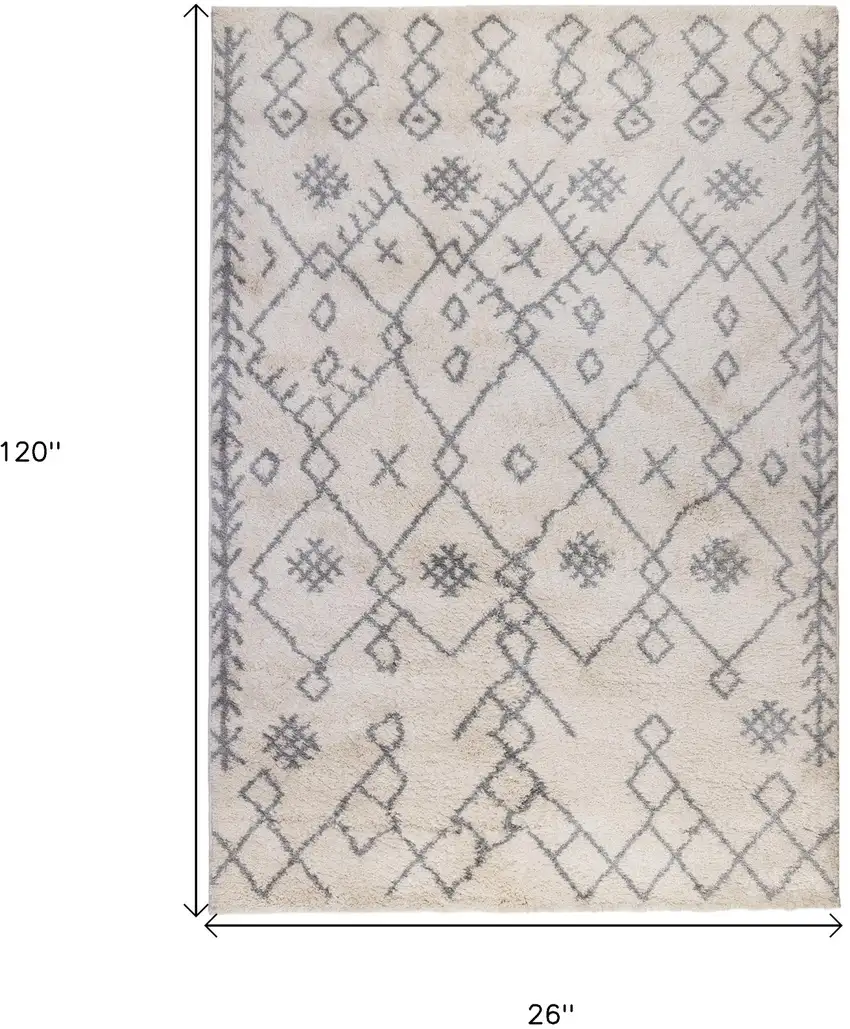 10' Gray And Ivory Geometric Shag Runner Rug Photo 3