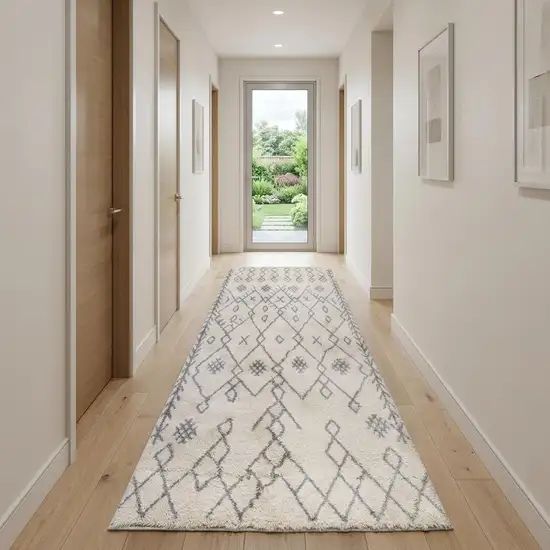 10' Gray And Ivory Geometric Shag Runner Rug Photo 1