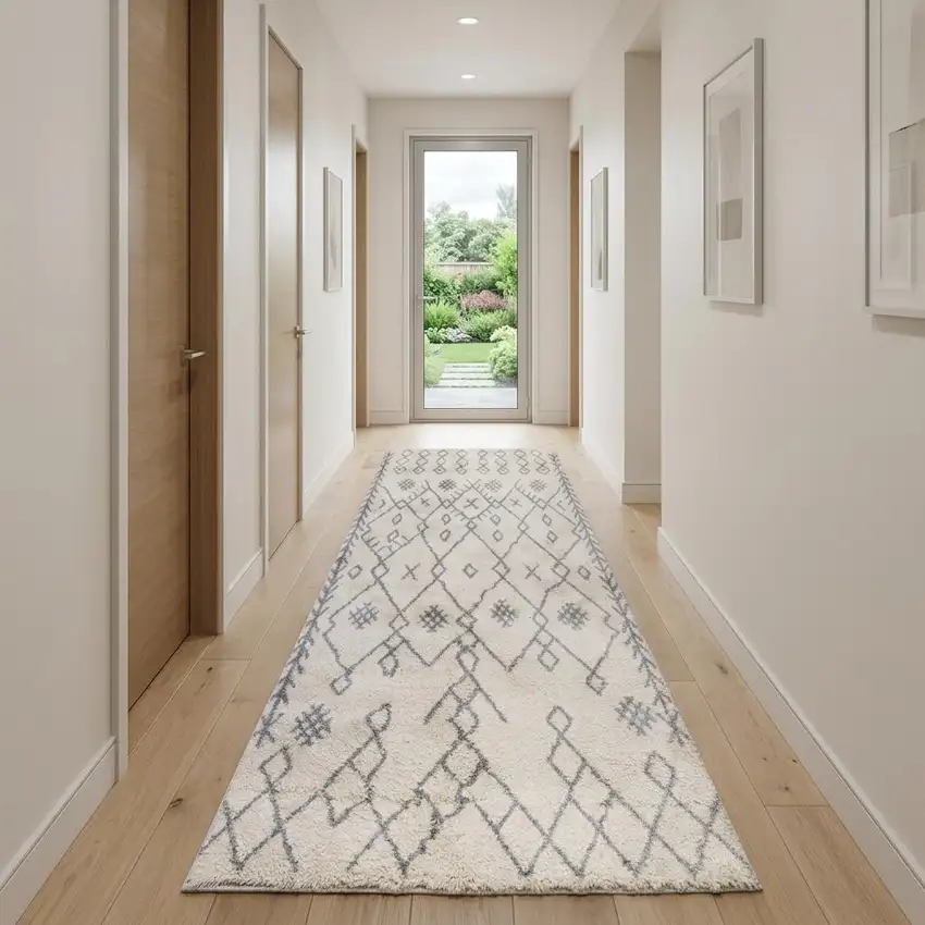 10' Gray And Ivory Geometric Shag Runner Rug Photo 1