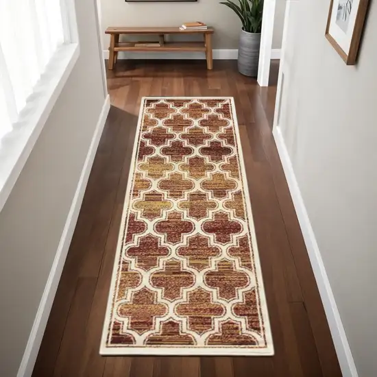 8' Brown And Ivory Geometric Runner Rug Photo 1
