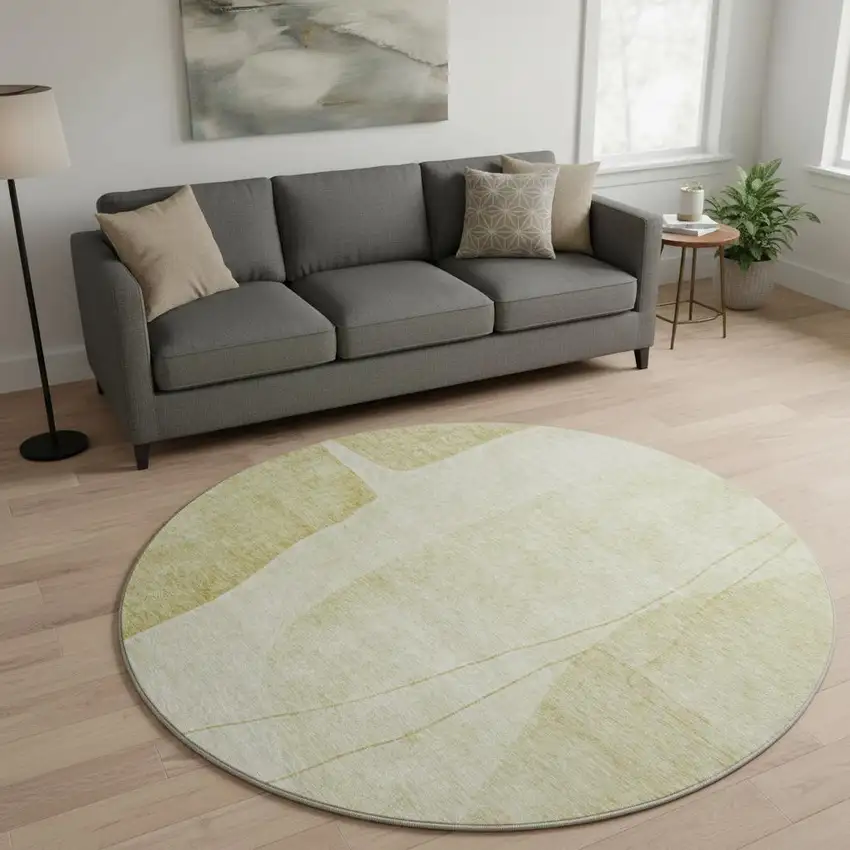 8' Gold And Beige Abstract Washable Round Rug With UV Protection Photo 2