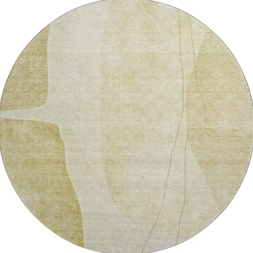 8' Gold And Beige Abstract Washable Round Rug With UV Protection Photo 3