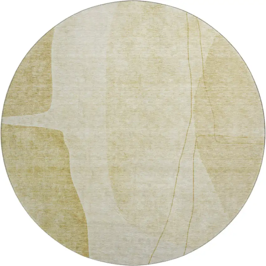 8' Gold And Beige Abstract Washable Round Rug With UV Protection Photo 1