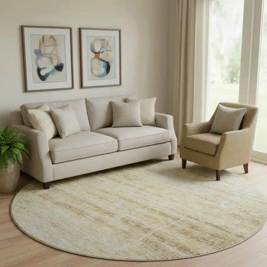 8' Gold And Beige Abstract Washable Round Rug With UV Protection Photo 1