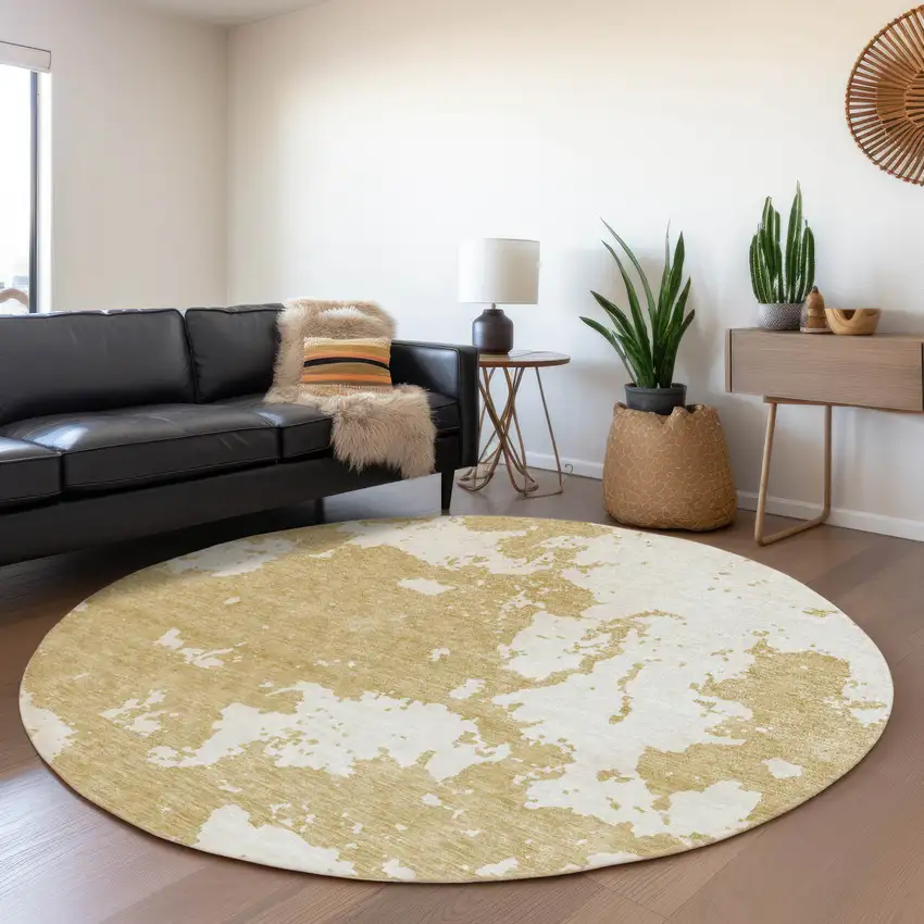 8' Gold And Beige Abstract Washable Round Rug With UV Protection Photo 4