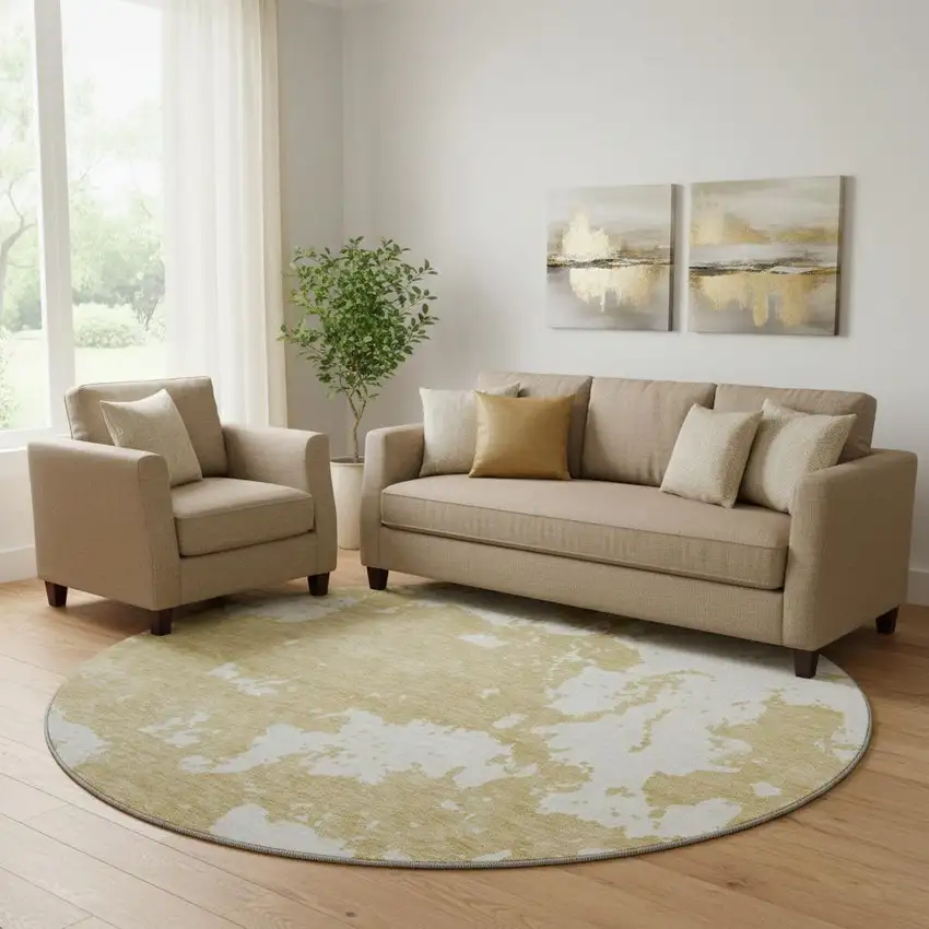 8' Gold And Beige Abstract Washable Round Rug With UV Protection Photo 1