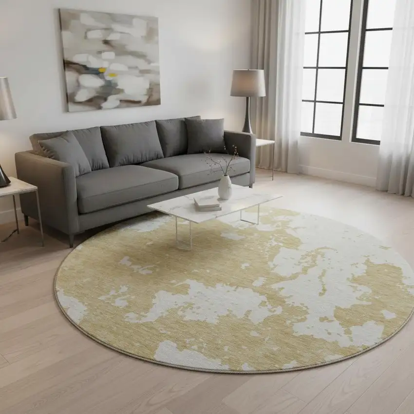 8' Gold And Beige Abstract Washable Round Rug With UV Protection Photo 2
