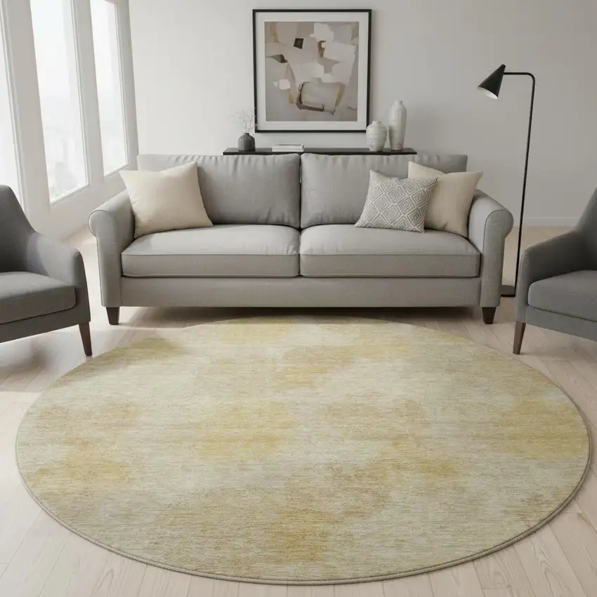 8' Gold And Beige Abstract Washable Round Rug With UV Protection Photo 2