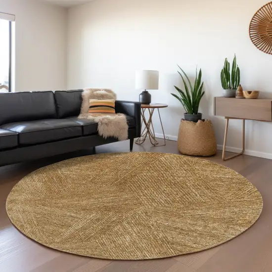 8' Gold And Beige Abstract Washable Round Rug With UV Protection Photo 3