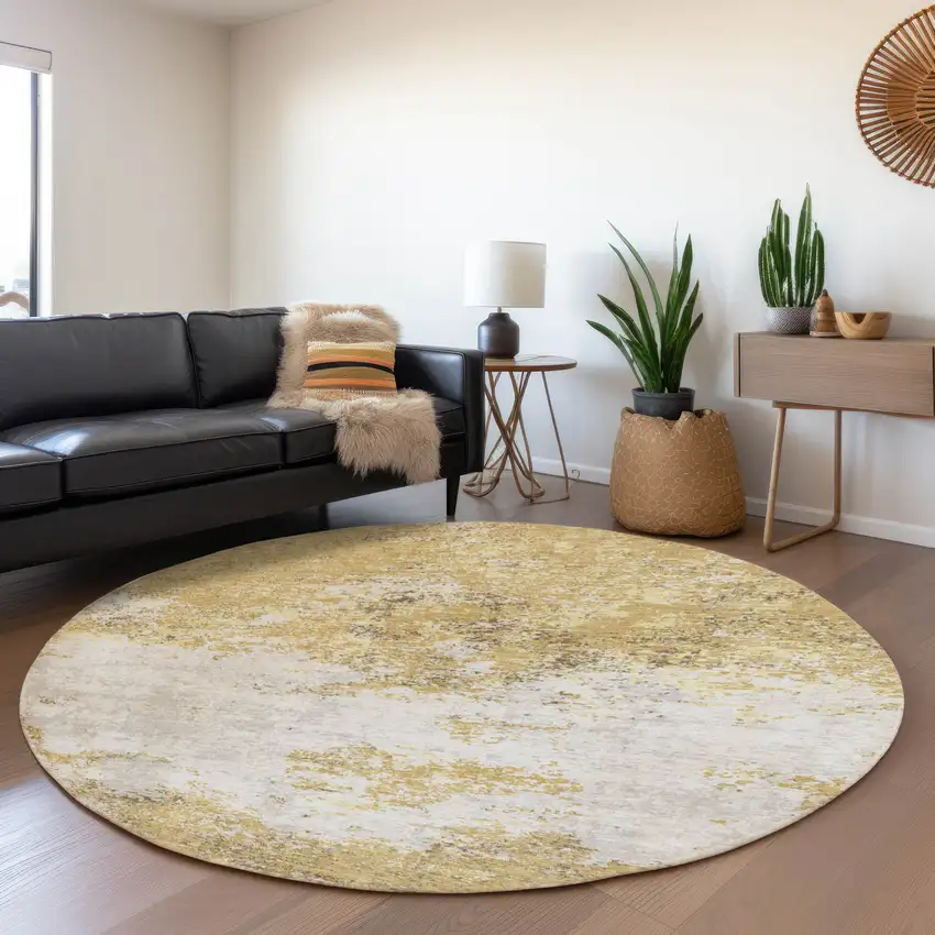 8' Gold And Beige Abstract Washable Round Rug With UV Protection Photo 4