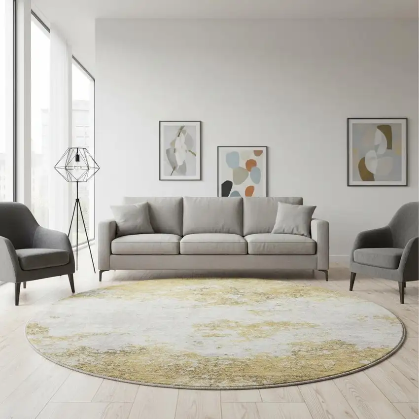 8' Gold And Beige Abstract Washable Round Rug With UV Protection Photo 2