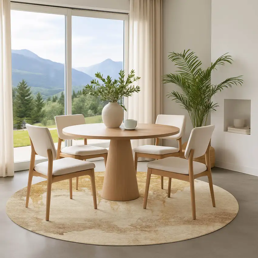 8' Gold And Beige Abstract Washable Round Rug With UV Protection Photo 4