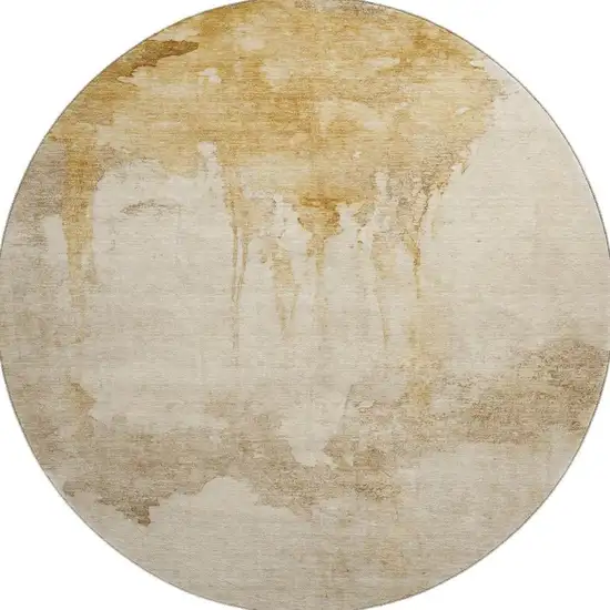 8' Gold And Beige Abstract Washable Round Rug With UV Protection Photo 2