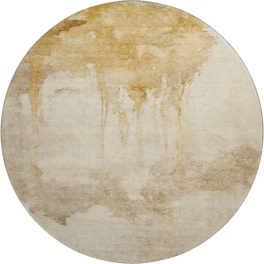 8' Gold And Beige Abstract Washable Round Rug With UV Protection Photo 1