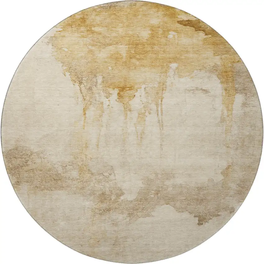 8' Gold And Beige Abstract Washable Round Rug With UV Protection Photo 3