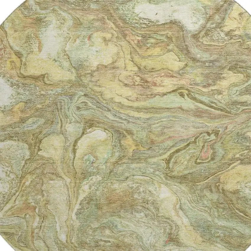 8' Gold And Beige Abstract Washable Round Rug With UV Protection Photo 3