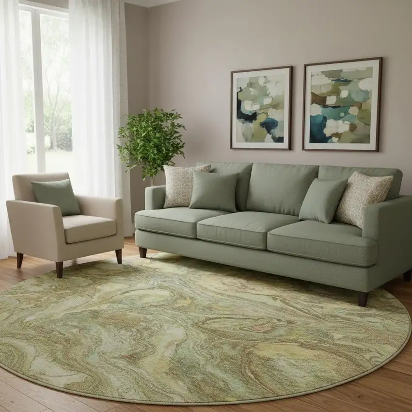 8' Gold And Beige Abstract Washable Round Rug With UV Protection Photo 2