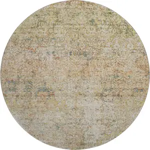 Photo of 8' Gold And Beige Abstract Washable Round Rug With UV Protection