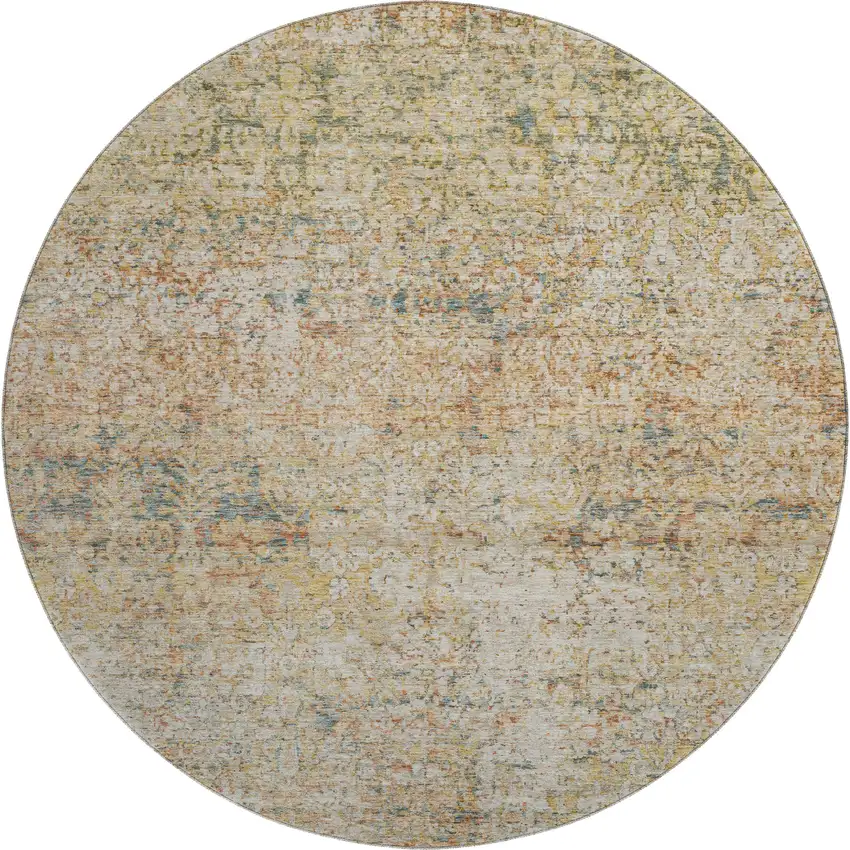 8' Gold And Beige Abstract Washable Round Rug With UV Protection Photo 1