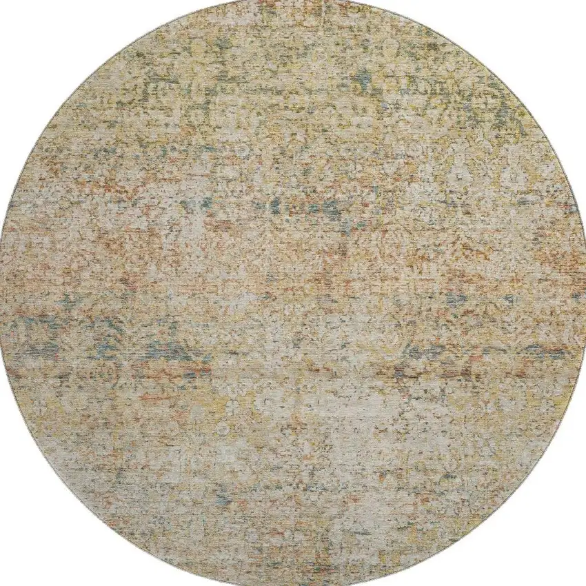 8' Gold And Beige Abstract Washable Round Rug With UV Protection Photo 4