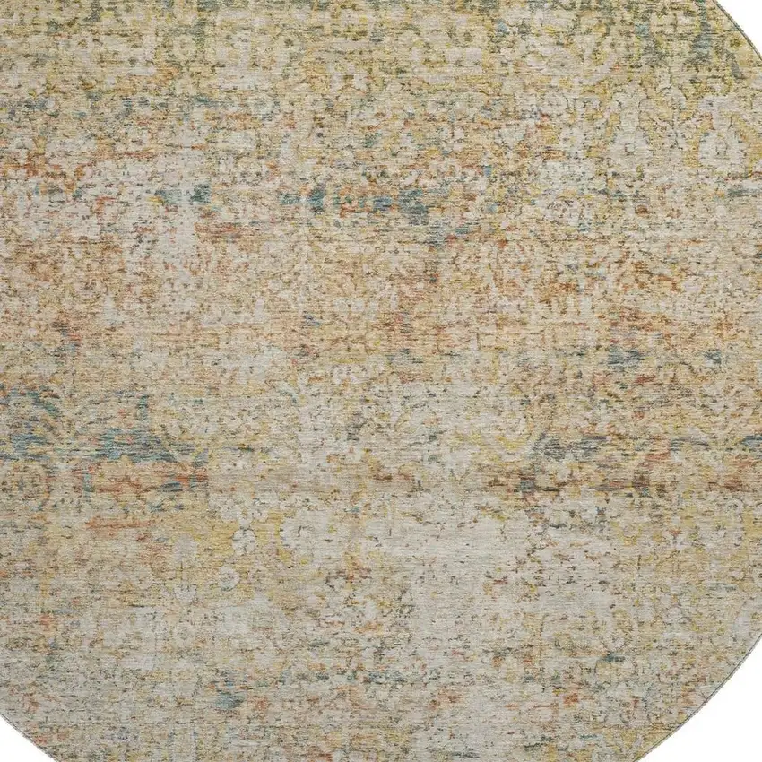8' Gold And Beige Abstract Washable Round Rug With UV Protection Photo 3